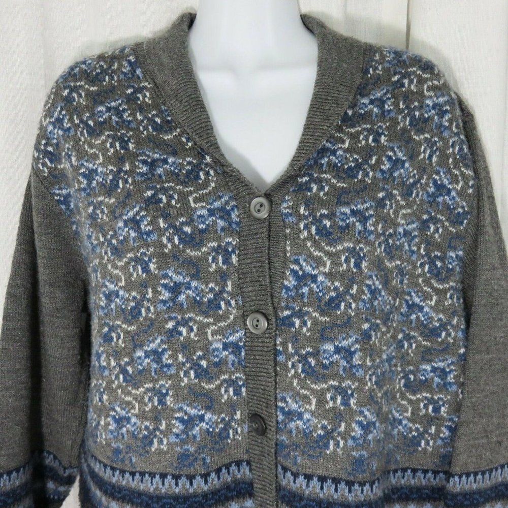 Norton McNaughton L Gray Blue Fair Isle Cardigan Sweater Shawl Collar Made USA